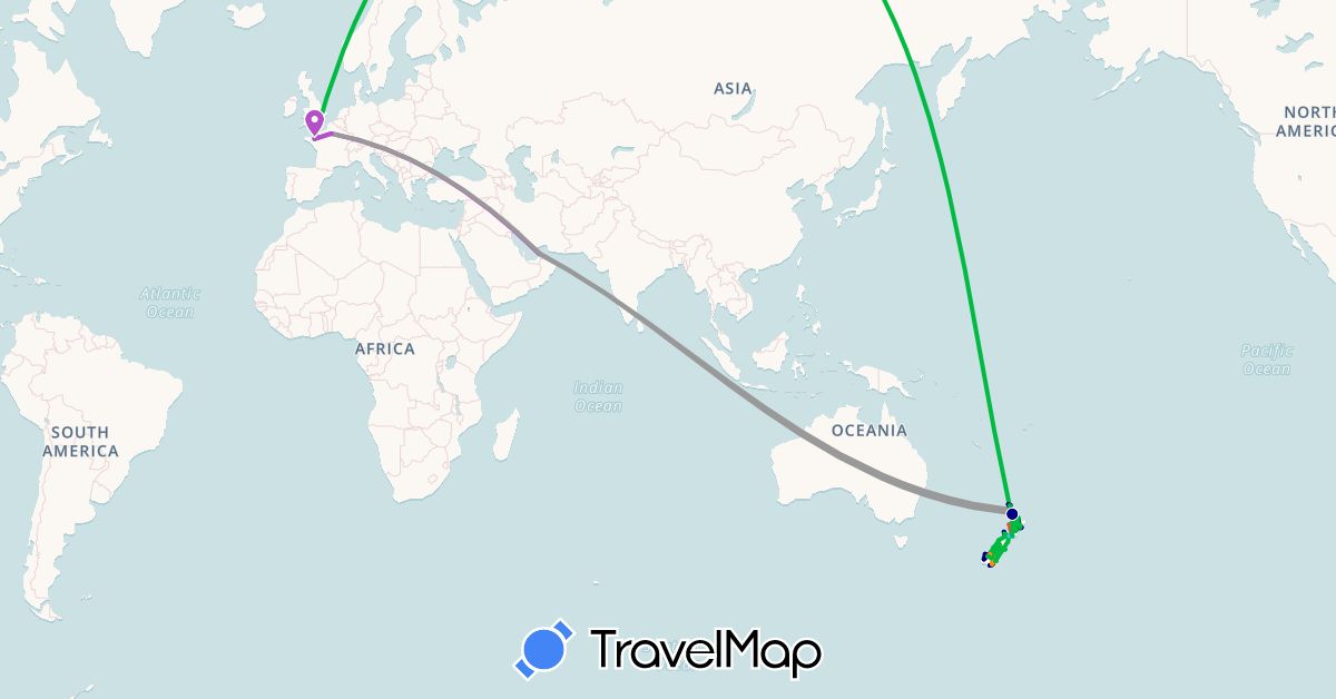 TravelMap itinerary: driving, bus, plane, cycling, train, hiking, boat, hitchhiking in United Arab Emirates, France, New Zealand (Asia, Europe, Oceania)